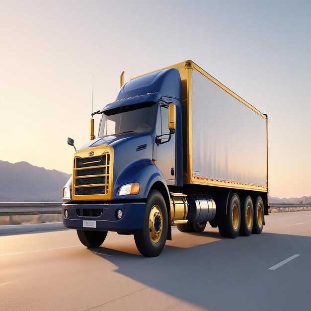 a blue and orange truck is driving down the road