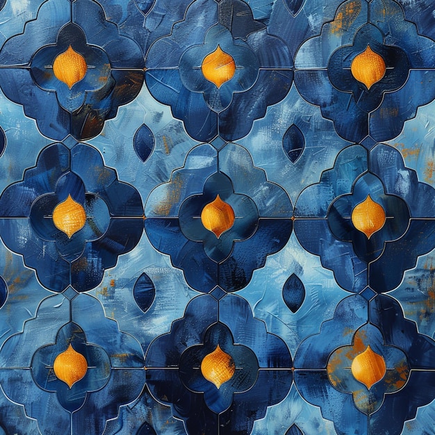 a blue and orange wall with a blue flower pattern