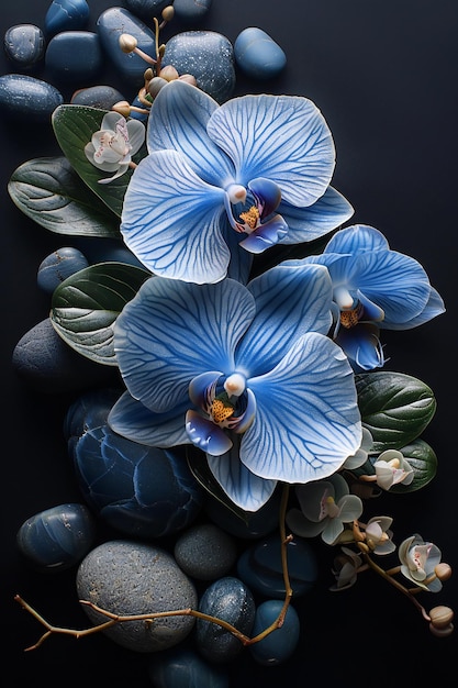 Blue orchid flowers with spa stones and green leaves on a black background