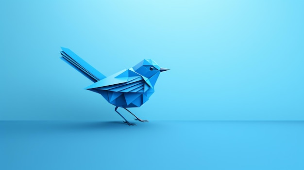 Blue origami paper bird on blue background