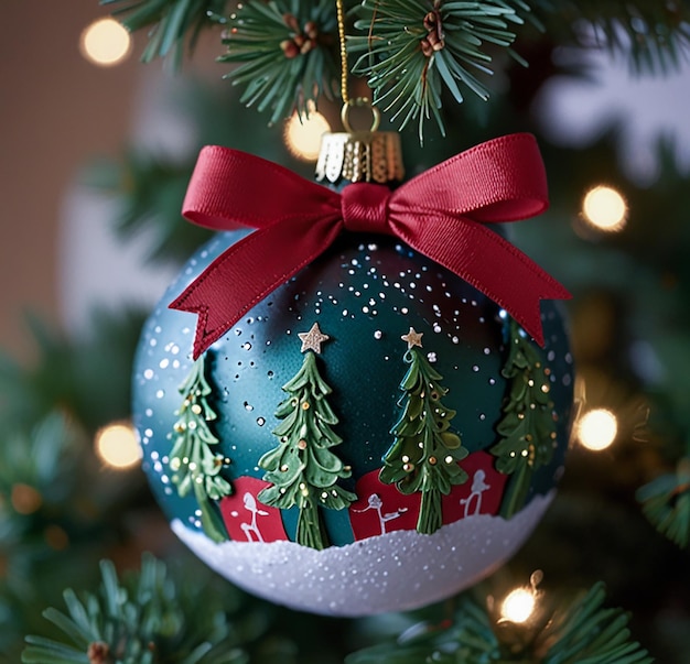 a blue ornament with a red bow on it is hanging from a christmas tree