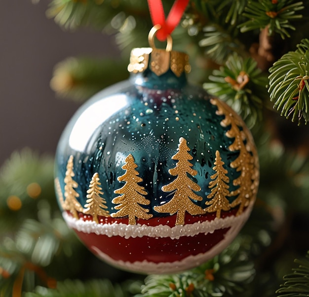 a blue ornament with trees on it is decorated with a blue and red border