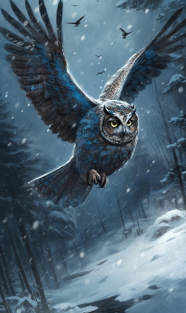 A blue owl flying in the snow