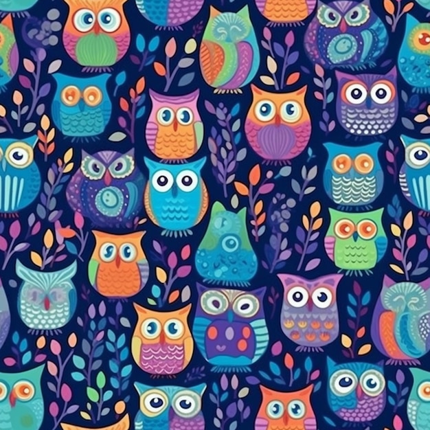 A blue owl pattern with colorful owl faces on a dark background.