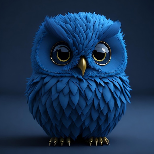 A blue owl with a black and yellow eye is sitting on a dark background.