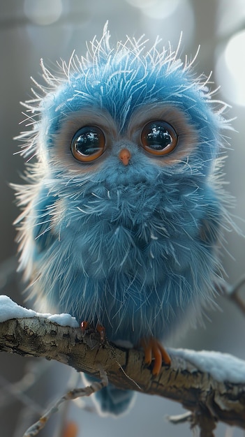 a blue owl with a blue face and brown eyes