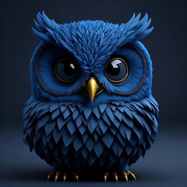 A blue owl with a blue face and yellow eyes.