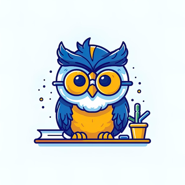 Photo a blue owl with glasses on a desk with a pencil and a cup of cactus