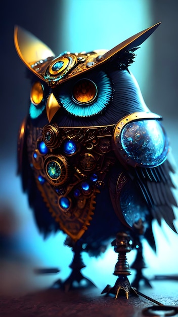 A blue owl with gold wings and gold accents sits on a blue background.