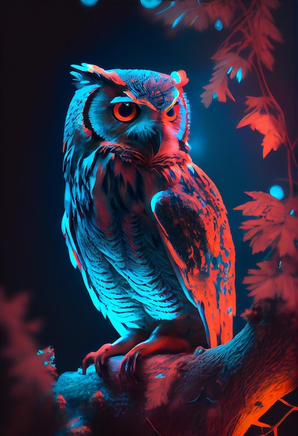 A blue owl with red eyes sits on a branch.