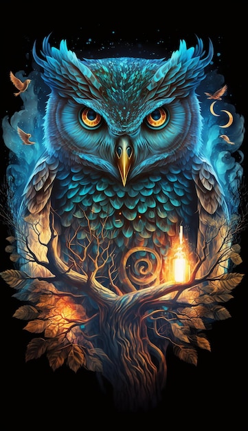 A blue owl with a tree and fire on it