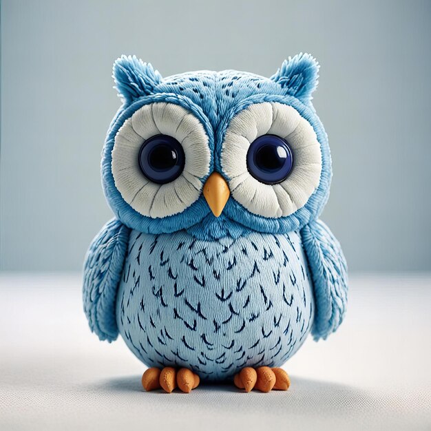 Photo a blue owl with a yellow beak sits on a white surface