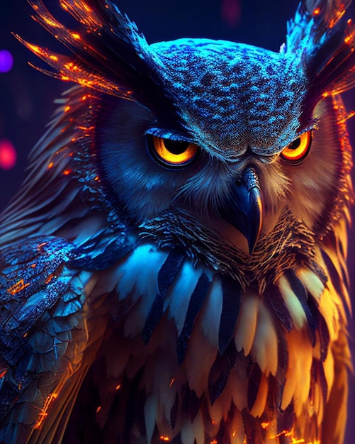 A blue owl with yellow eyes and a blue background