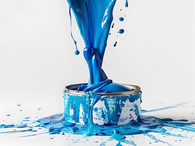 Photo blue paint can pouring vibrant azure ink in dynamic motion on stark white background