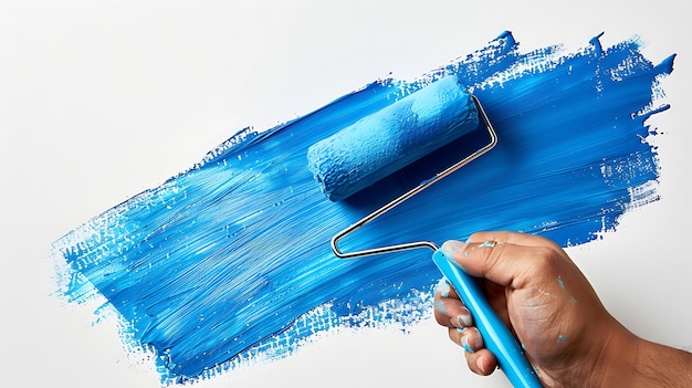 A blue paint roller is being held by a hand painting a blue stroke on a white background