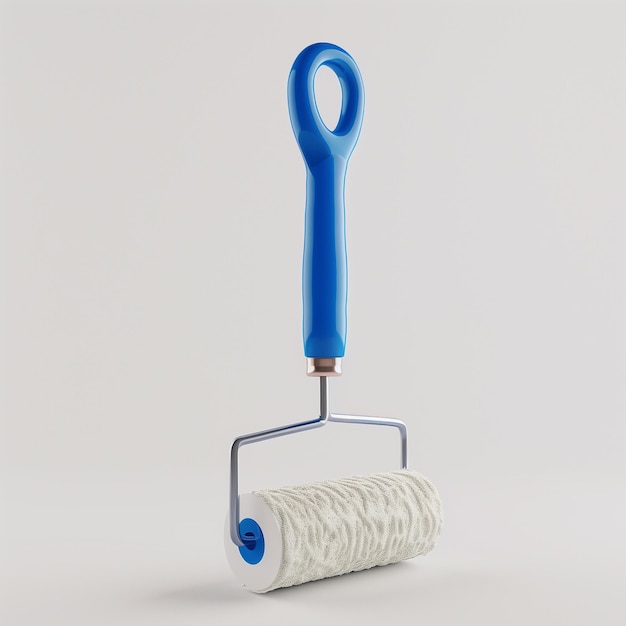 Photo blue paint roller on white background