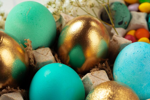 Blue painted eggs close up for Easter