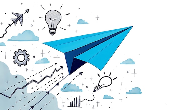 Blue paper airplane with creative business doodles on white backdrop symbolizing innovative leadership