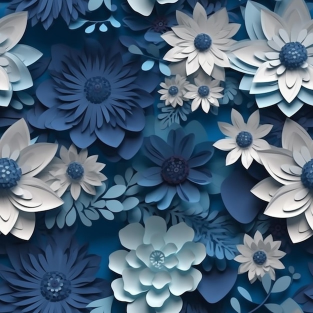 Blue paper flowers on a blue background