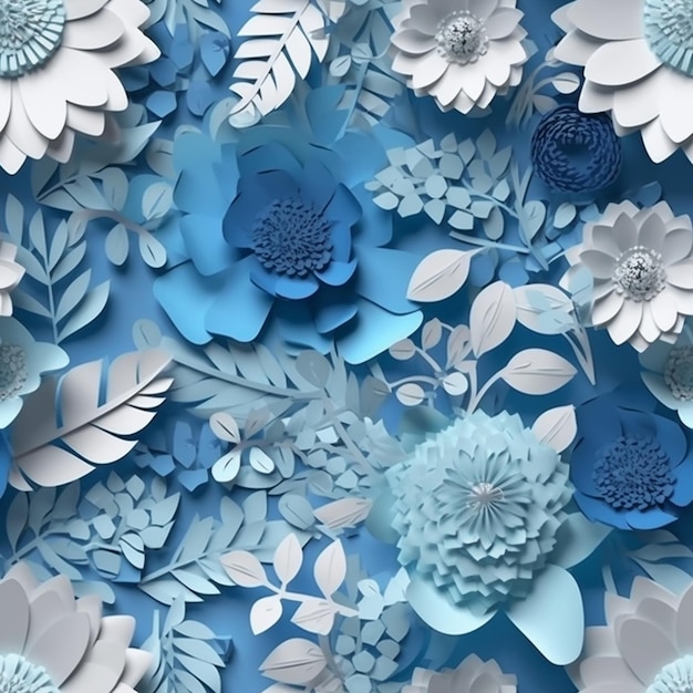 Blue paper flowers with leaves on a blue background