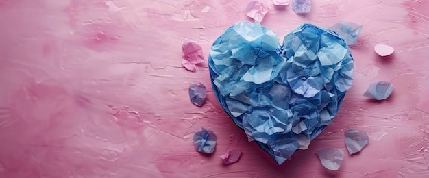 Blue Paper Heart with Pink Petals on Pink Background