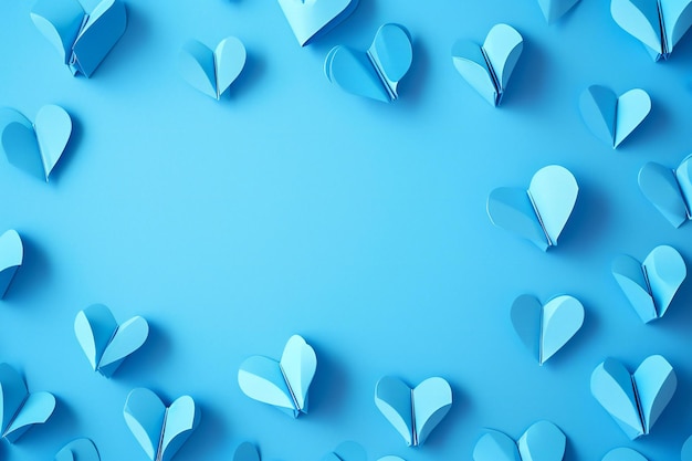 Blue paper hearts on blue background Valentines day concept