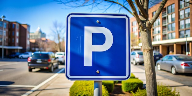 A blue parking sign is on a pole in front of a row of parked cars