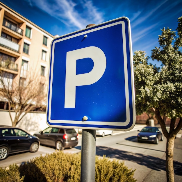 A blue parking sign is on a pole in front of a row of parked cars