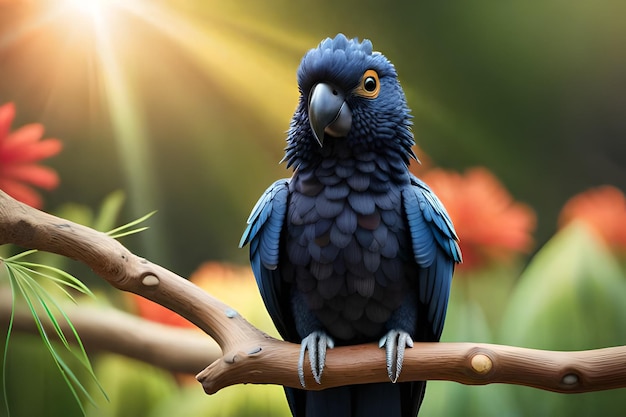 A blue parrot sits on a branch with the sun shining behind it.