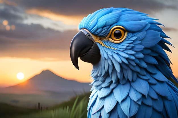 A blue parrot with a mountain in the background