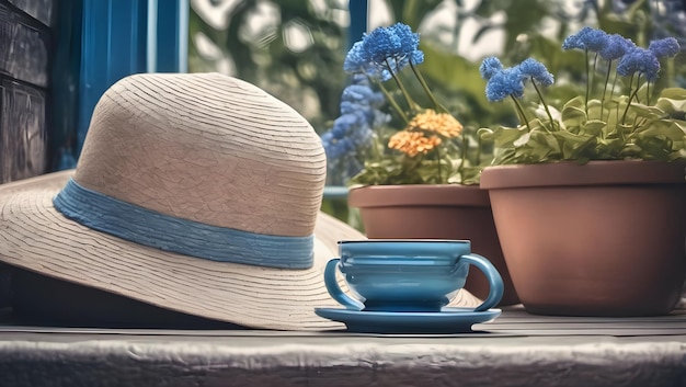 Blue Pastel Travel Concept with Sunhat and Flower Pot