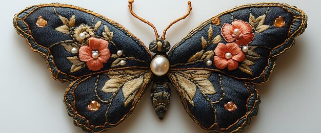 Blue and peach embroidered butterfly with pearl accents