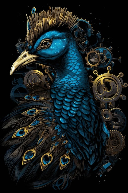 A blue peacock with gold and silver feathers on a black background.