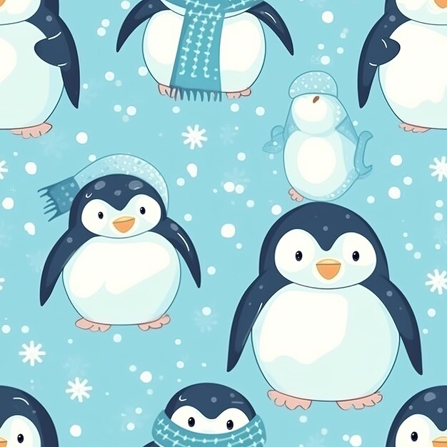 A blue penguin pattern with a white penguin wearing a blue hat and a scarf.