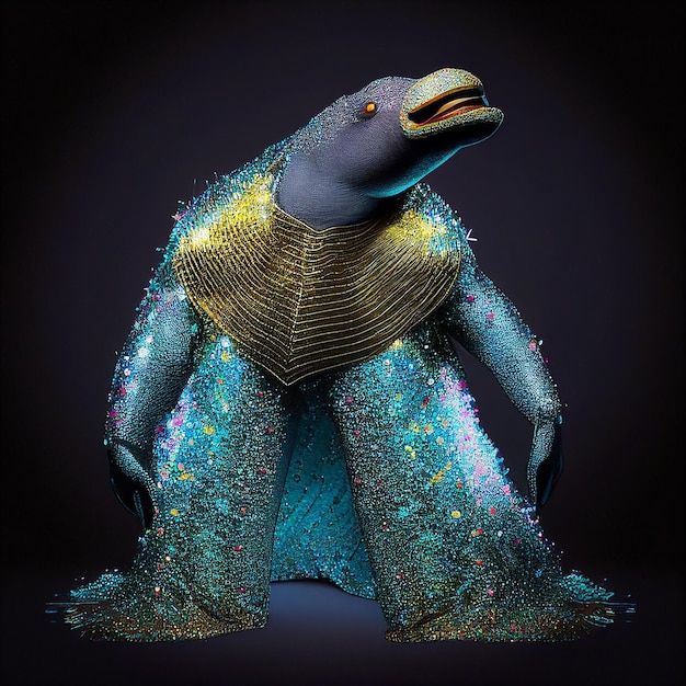 A blue penguin with a blue body and a black body with glitter on it.