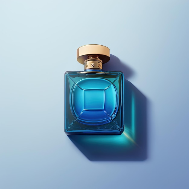 Blue perfume bottle on a blue flat Background, simple clean and minimalist