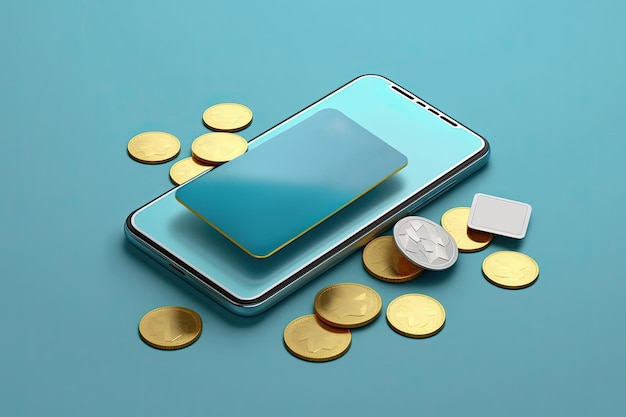 A blue phone with a white box on top of it and gold coins on a blue background.