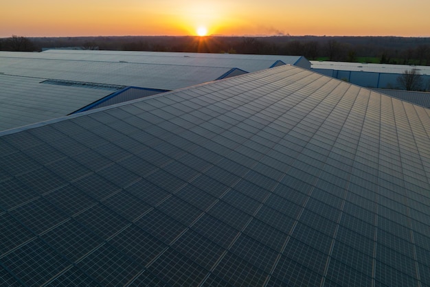 Blue photovoltaic solar panels mounted on building roof for producing clean ecological electricity at sunset Production of renewable energy concept