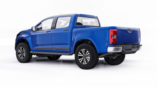 Blue pickup car on a white background. 3d rendering.