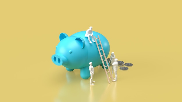 The blue piggy bank and business figure for saving concept 3d renderingxA