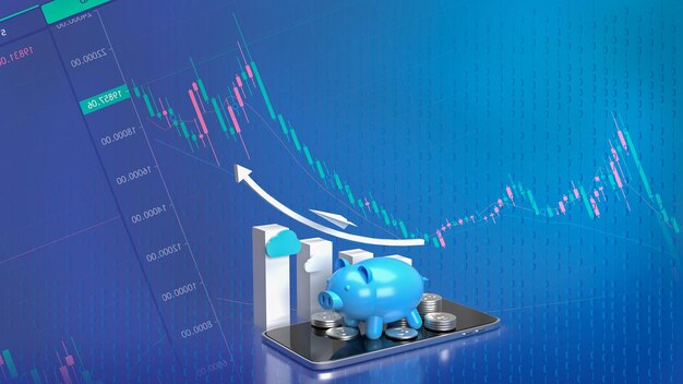 The blue piggy bank on mobile phone and business chart for applications or internet banking concept 3d rendering