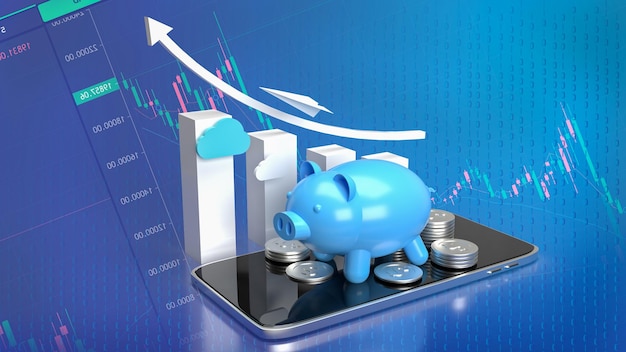 The blue piggy bank on mobile phone and business chart for applications or internet banking concept 3d rendering