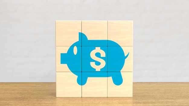 The blue piggy bank on wood cube for business concept 3d rendering