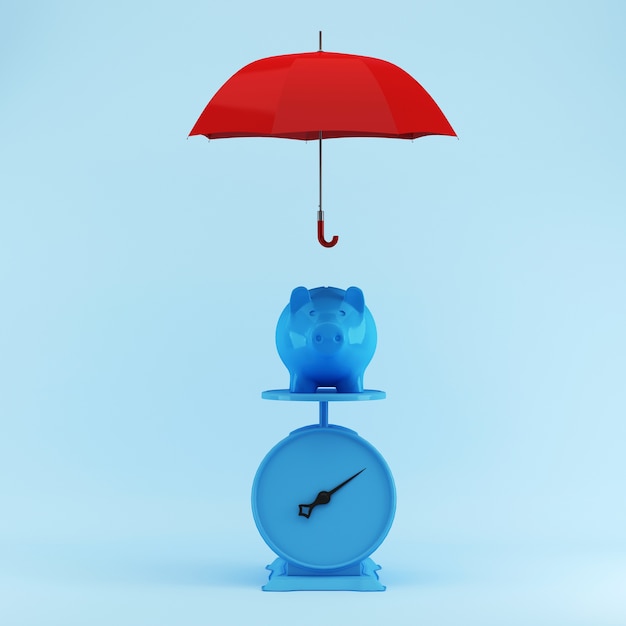 Blue Piggy savings with protection by red umbrella