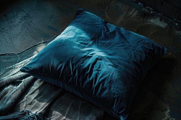 Photo a blue pillow sits atop a bed