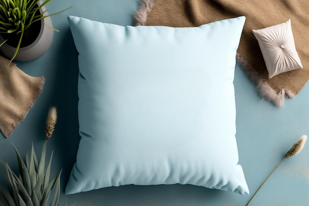 A blue pillow with a white pillow on a blue background.