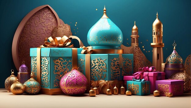 A blue and pink background with presents and decorations