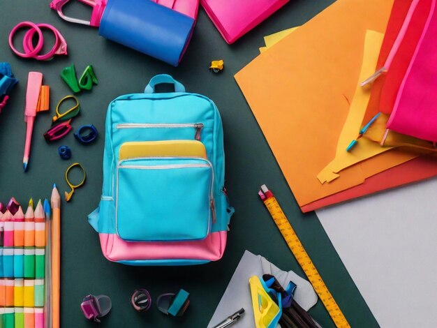 a blue and pink backpack is on a table with other items