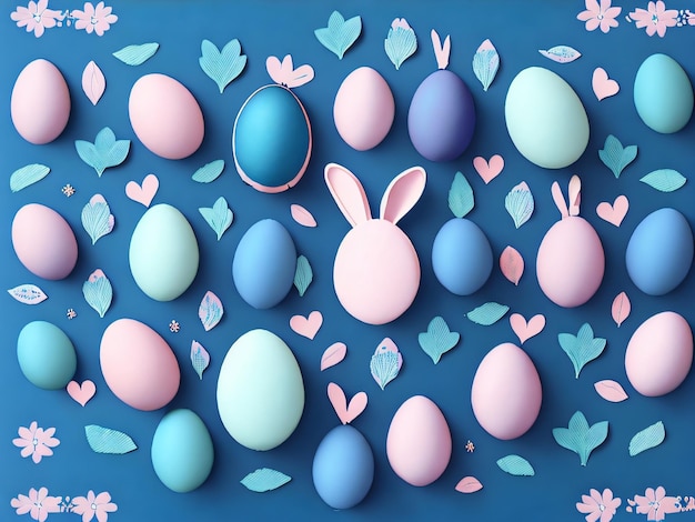 A blue and pink easter egg background with bunny ears and leaves.