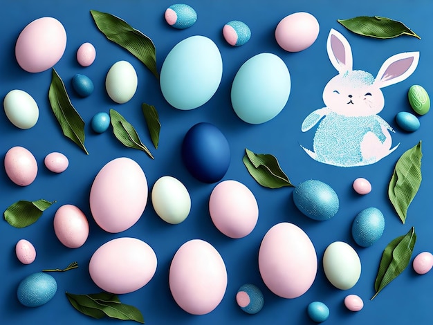 A blue and pink easter egg background with a bunny and leaves.